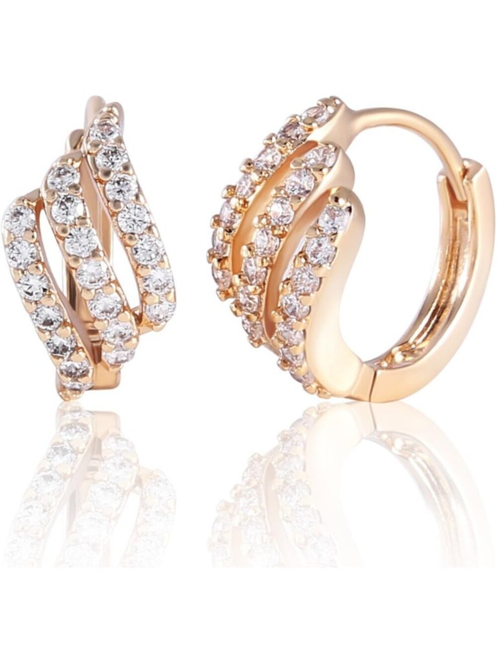 Stunning Gold Tone Three Layer White Rhinestone Hoop Earrings for Parties